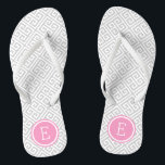 Grey and Pink Greek Key Monogram Jandals<br><div class="desc">Custom printed flip flop sandals with a stylish modern Greek key pattern and your custom monogram or other text in a circle frame. Click Customise It to change text fonts and colours or add your own images to create a unique one of a kind design!</div>