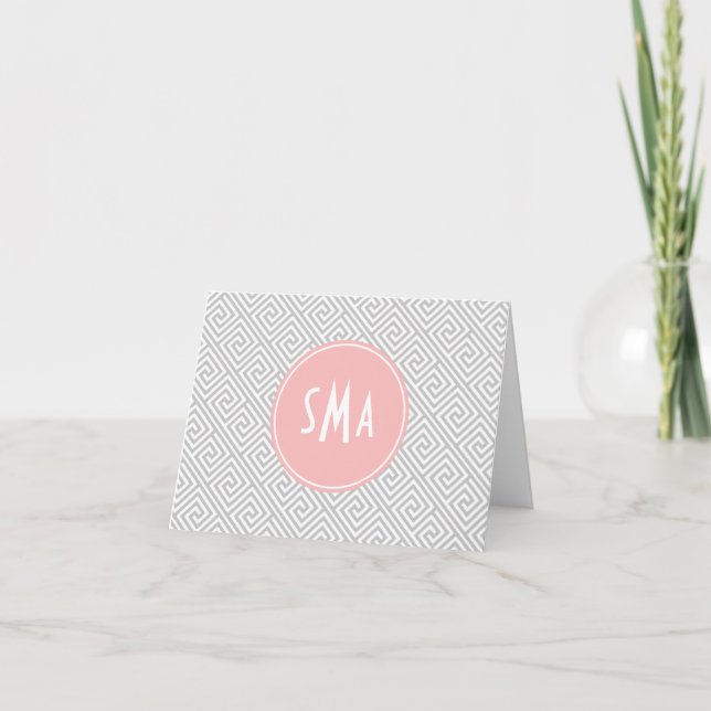 Grey and Pink Greek Key Pattern Monogram Note Card (Front)