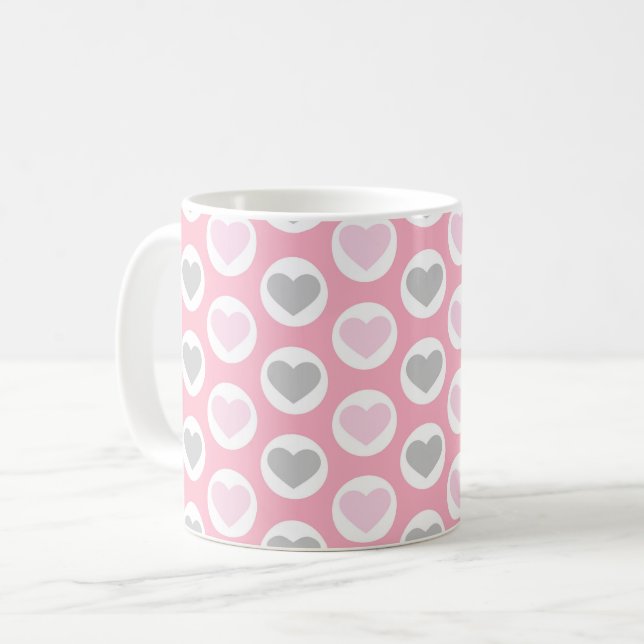 Grey and Pink Hearts Coffee Cup Valentine's Mug (Front Left)