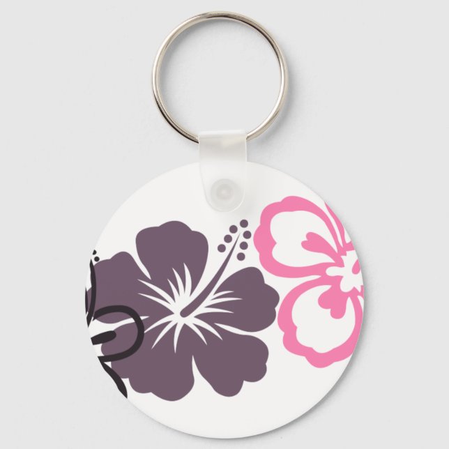 grey and pink hibiscus Hawaiian  theme Key Ring (Front)