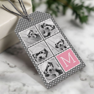 Grey and Pink Instagram 5 Photo Collage Monogram Gift Tags