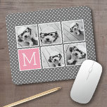 Grey and Pink Instagram 5 Photo Collage Monogram Mouse Pad<br><div class="desc">Pastel and White Polka Dot Pattern - Use five square photos to create a unique and personal gift. Or you can keep the hipster puppy and make a trendy keepsake. If you need to adjust the pictures,  click on the customise tool to make changes.</div>