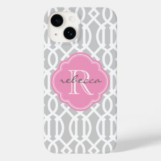 Grey and Pink Modern Trellis Custom Monogram Case-Mate iPhone 14 Case