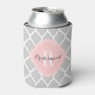 Grey and Pink Moroccan Quatrefoil Monogram Can Cooler