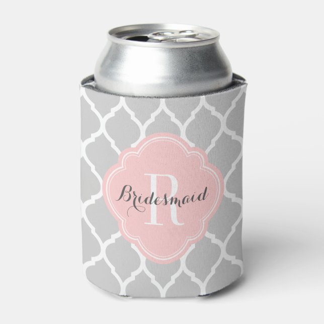 Grey and Pink Moroccan Quatrefoil Monogram Can Cooler (Can Front)