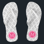 Grey and Pink Moroccan Quatrefoil Monogram Jandals<br><div class="desc">Custom printed flip flop sandals with a stylish Moroccan quatrefoil pattern and your custom monogram or other text in a circle frame. Click Customise It to change text fonts and colours or add your own images to create a unique one of a kind design!</div>