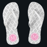 Grey and Pink Moroccan Quatrefoil Monogram Jandals<br><div class="desc">Custom printed flip flop sandals with a stylish Moroccan quatrefoil pattern and your custom monogram or other text in a circle frame. Click Customise It to change text fonts and colours or add your own images to create a unique one of a kind design!</div>