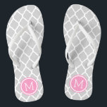 Grey and Pink Moroccan Quatrefoil Monogram Jandals<br><div class="desc">Custom printed flip flop sandals with a stylish Moroccan quatrefoil pattern and your custom monogram or other text in a circle frame. Click Customise It to change text fonts and colours or add your own images to create a unique one of a kind design!</div>