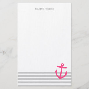 Grey and Pink Nautical Stripes and Cute Anchor Stationery