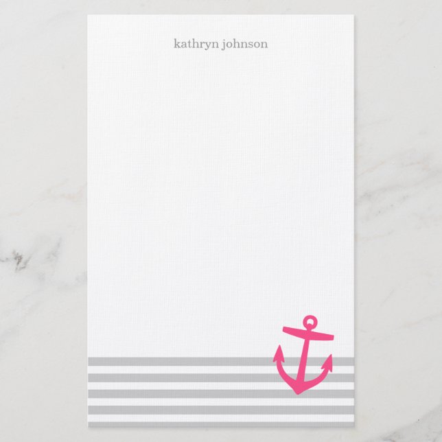 Grey and Pink Nautical Stripes and Cute Anchor Stationery (Front)