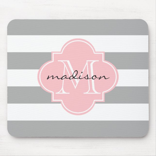 Grey and Pink Nautical Stripes Custom Monogram Mouse Pad (Front)