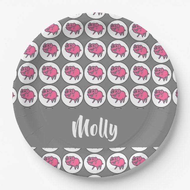 Grey and pink pig pattern paper plate (Front)