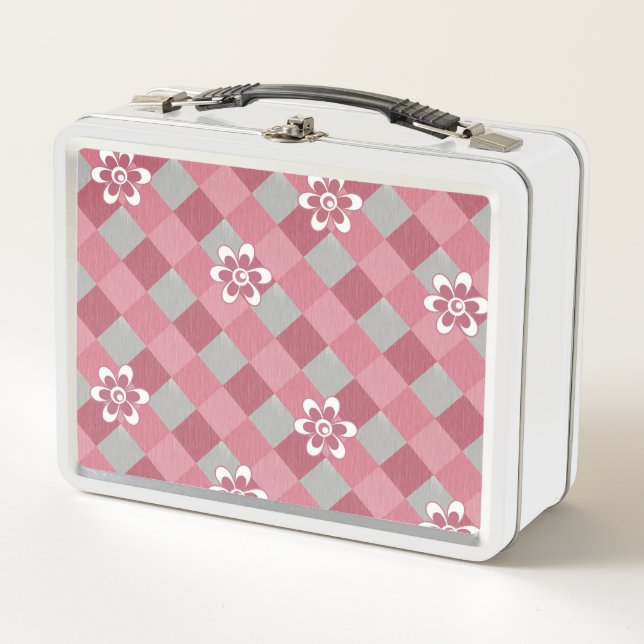 Grey and pink plaid with chamomile flowers metal lunch box (Front)