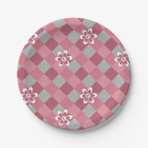 Grey and pink plaid with chamomile flowers paper plate