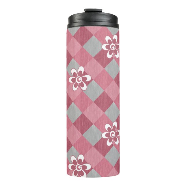 Grey and pink plaid with chamomile flowers thermal tumbler (Front)