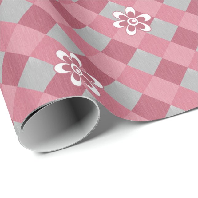 Grey and pink plaid with chamomile flowers wrapping paper (Roll Corner)