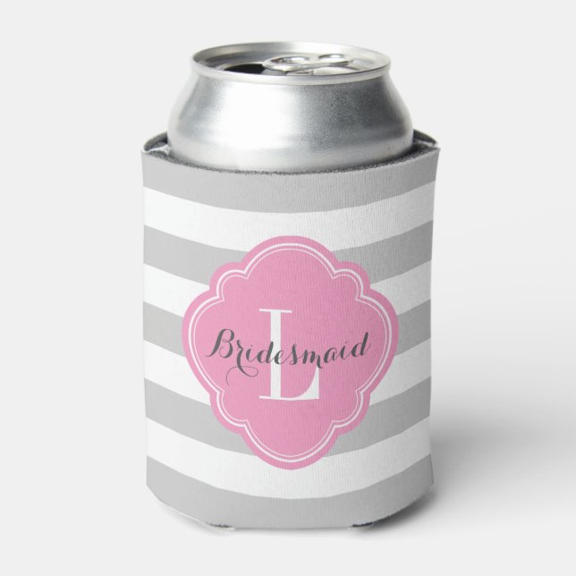 Grey and Pink Preppy Stripes Monogram Can Cooler (Can Front)