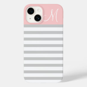 Grey and Pink Preppy Stripes Monogram Case-Mate iPhone 14 Case