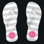 Grey and Pink Preppy Stripes Monogram Jandals<br><div class="desc">Custom printed flip flop sandals with a preppy nautical stripe pattern and your custom monogram or other text in a circle frame. Click Customise It to change text fonts and colours or add your own images to create a unique one of a kind design!</div>