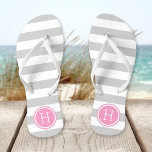 Grey and Pink Preppy Stripes Monogram Jandals<br><div class="desc">Custom printed flip flop sandals with a preppy nautical stripe pattern and your custom monogram or other text in a circle frame. Click Customise It to change text fonts and colours or add your own images to create a unique one of a kind design!</div>