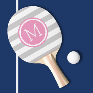 Grey and Pink Preppy Stripes Monogram Ping Pong Paddle