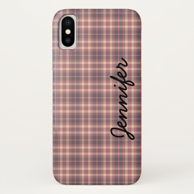 Grey and Pink Retro Plaid, Personalised Name,  Case-Mate iPhone Case (Back)