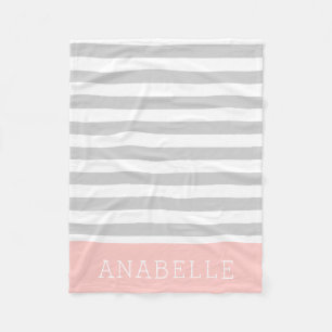 Grey and Pink Stripes Monogram Editable Colours Fleece Blanket