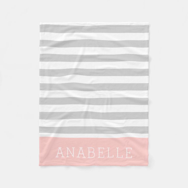 Grey and Pink Stripes Monogram | Editable Colours Fleece Blanket (Front)