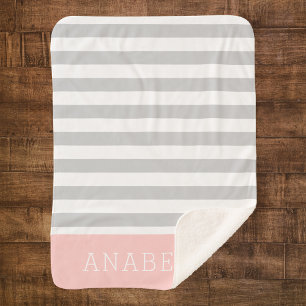 Grey and Pink Stripes Monogram Editable Colours Sherpa Blanket