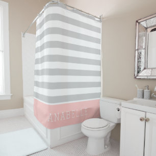 Grey and Pink Stripes Monogram   Editable Colours Shower Curtain