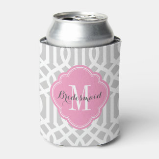 Grey and Pink Trellis Monogram Can Cooler