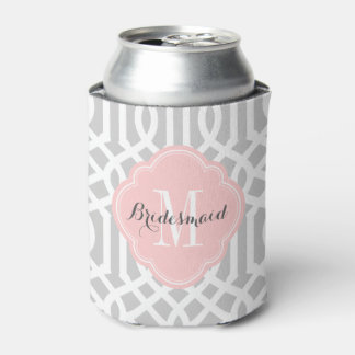 Grey and Pink Trellis Monogram Can Cooler