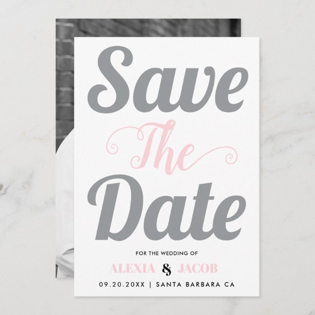 Grey and pink typography and photo on the back save the date (Front/Back)