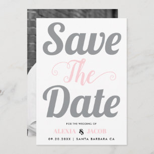 Grey and pink typography and photo on the back save the date