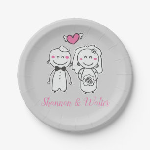 Grey And Pink Wedding Bride & Groom Personalised Paper Plate
