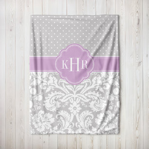 Grey and Purple Damask Polka Dots Monogram Fleece Blanket