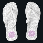 Grey and Purple Floral Damask Monogram Jandals<br><div class="desc">Custom printed flip flop sandals with a stylish elegant floral damask pattern and your custom monogram or other text in a circle frame. Click Customise It to change text fonts and colours or add your own images to create a unique one of a kind design!</div>