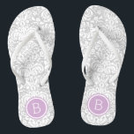 Grey and Purple Floral Damask Monogram Jandals<br><div class="desc">Custom printed flip flop sandals with a stylish elegant floral damask pattern and your custom monogram or other text in a circle frame. Click Customise It to change text fonts and colours or add your own images to create a unique one of a kind design!</div>