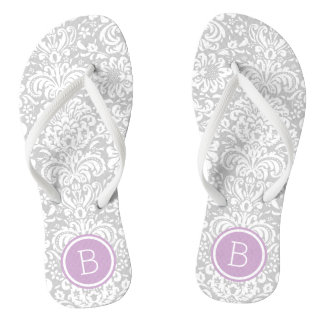 Grey and Purple Floral Damask Monogram Jandals