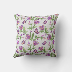 Grey and purple flower pillow with butterflies