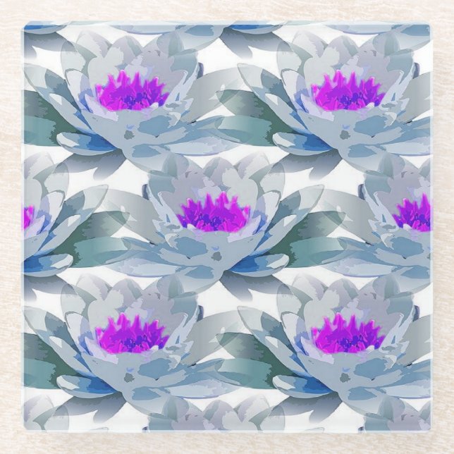 Grey and purple flowers pattern glass coaster (Front)