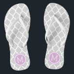 Grey and Purple Moroccan Quatrefoil Monogram Jandals<br><div class="desc">Custom printed flip flop sandals with a stylish Moroccan quatrefoil pattern and your custom monogram or other text in a circle frame. Click Customise It to change text fonts and colours or add your own images to create a unique one of a kind design!</div>