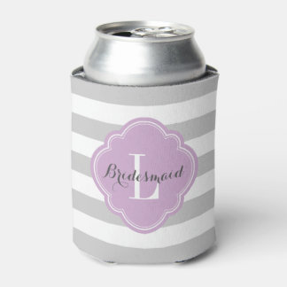 Grey and Purple Preppy Stripes Monogram Can Cooler