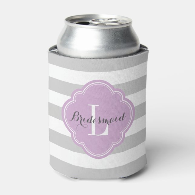 Grey and Purple Preppy Stripes Monogram Can Cooler (Can Front)