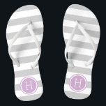 Grey and Purple Preppy Stripes Monogram Jandals<br><div class="desc">Custom printed flip flop sandals with a preppy nautical stripe pattern and your custom monogram or other text in a circle frame. Click Customise It to change text fonts and colours or add your own images to create a unique one of a kind design!</div>