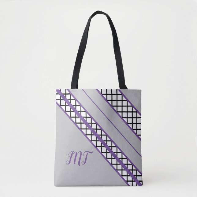 Grey and Purple Stripes Monogram Tote Bag (Front)