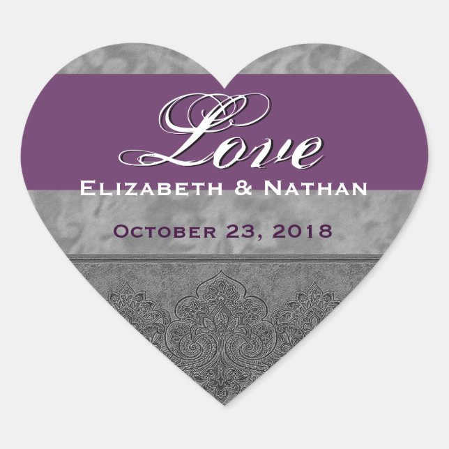 Grey and Purple Wedding Damask Heart Sticker (Front)
