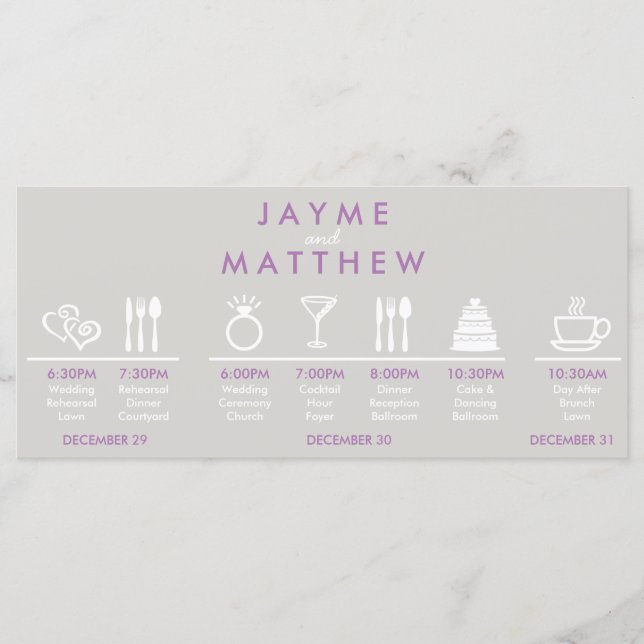 Grey and Purple Wedding Timeline Welcome Bag Note Programme (Front)