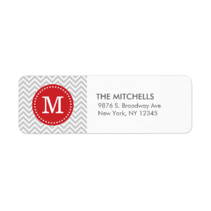 Grey and Red Chevron Monogram Return Address