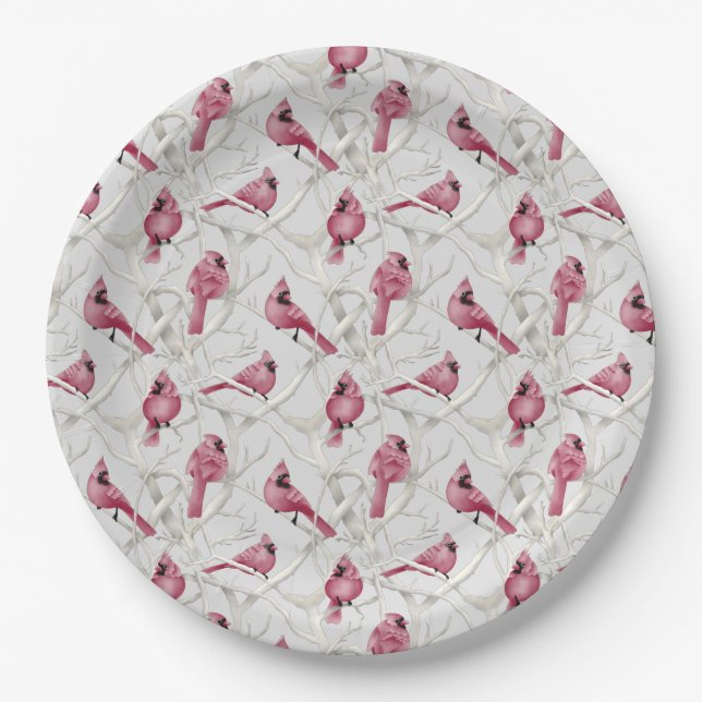 Grey And Red Christmas Cardinal Birds Paper Plate (Front)